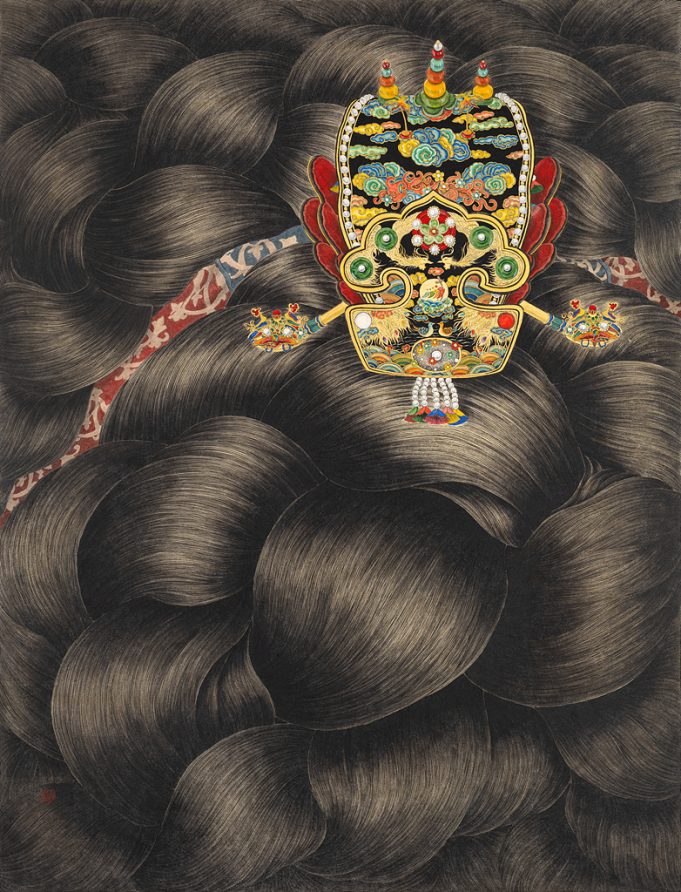 붉은 복주머니 속 봉황·금실의 조화… 캔버스에 수놓은 현대적 ‘복’